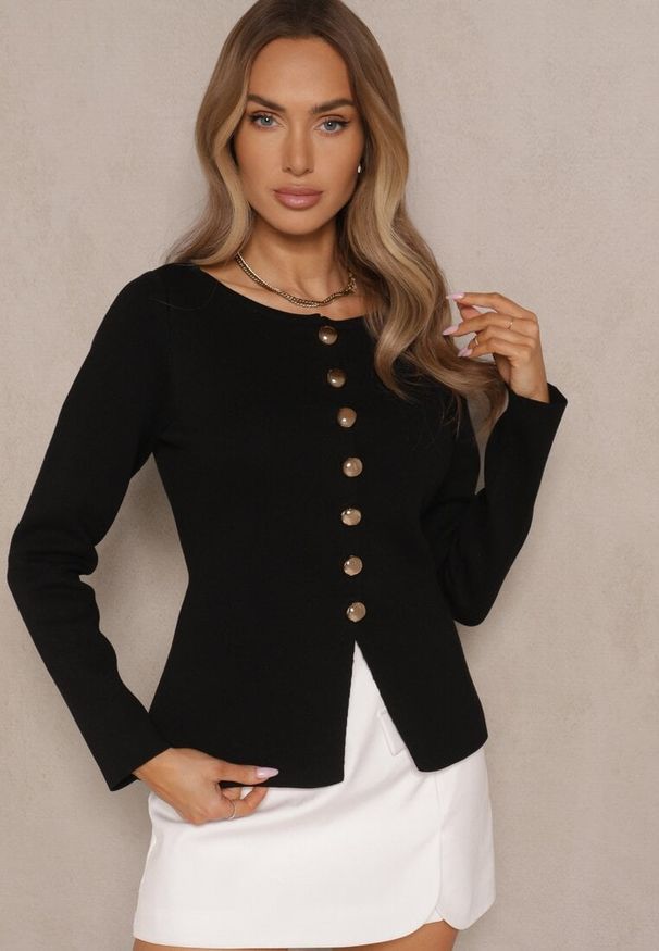 Renee - Czarny Rozpinany Kardigan z Wiskozą Odielle. Okazja: na co dzień. Kolor: czarny. Materiał: wiskoza. Wzór: aplikacja. Sezon: lato, wiosna, zima. Styl: casual, elegancki