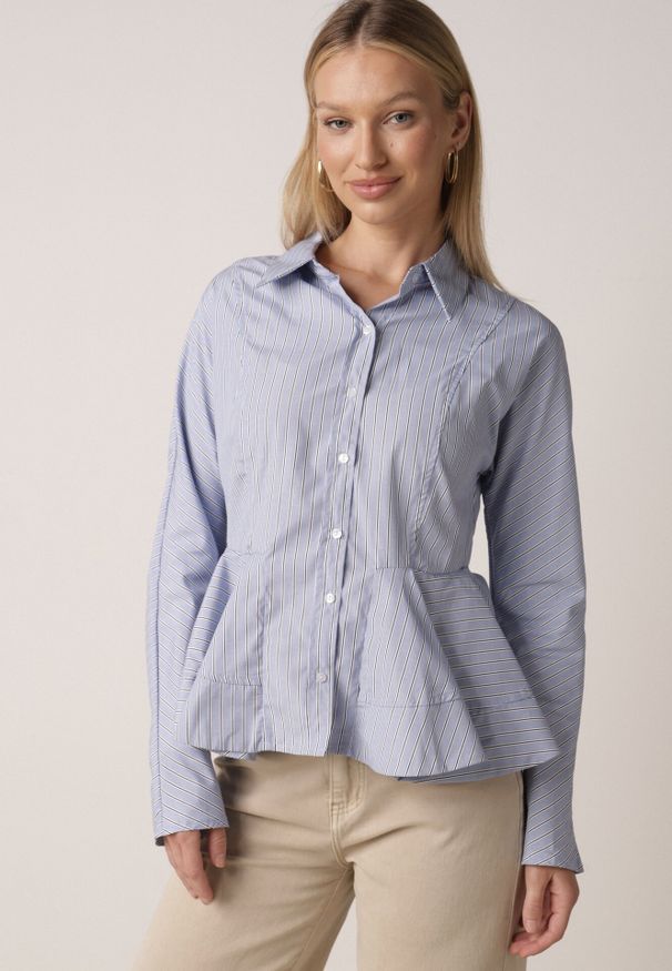 Born2be - Niebieska Koszula z Bawełną w Paseczki z Rozkloszowanym Dołem Meridianes. Okazja: na co dzień, na spotkanie biznesowe. Kolor: niebieski. Materiał: bawełna. Styl: casual, biznesowy, elegancki, klasyczny