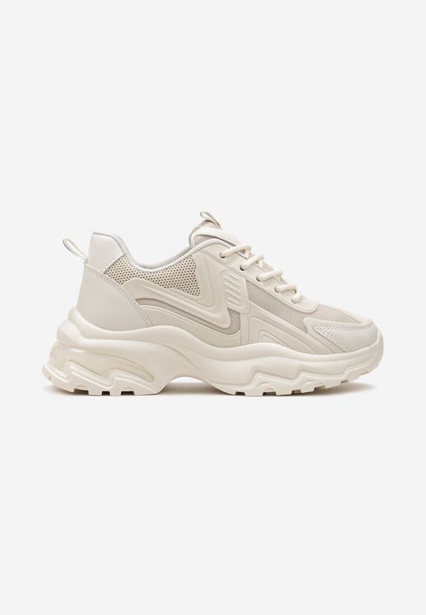 Born2be - Beżowe Sznurowane Sneakersy na Grubej Podeszwie z Przeszyciami Vleni. Okazja: na co dzień. Kolor: beżowy. Materiał: jeans