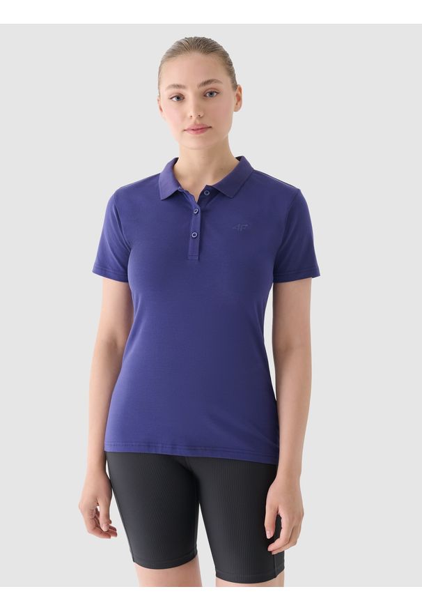 4f - 4F Koszulka polo slim damska - granatowa S. Okazja: na co dzień. Typ kołnierza: polo. Kolor: niebieski. Materiał: jersey, bawełna, elastan, dzianina, materiał. Długość rękawa: krótki rękaw. Długość: krótkie. Wzór: ze splotem, gładki, jednolity. Styl: casual, sportowy, klasyczny