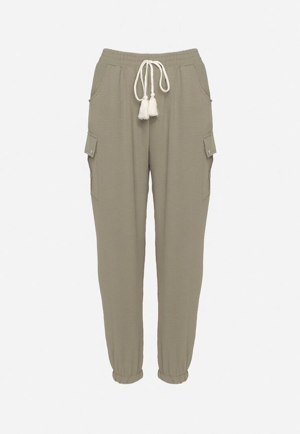 Born2be - Ciemnozielone Spodnie z Wysokim Stanem i Gumką w Pasie Nellandre. Stan: podwyższony. Kolor: zielony. Wzór: moro. Styl: klasyczny, militarny