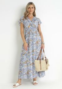 Born2be - Niebieska Sukienka z Wiskozy w Etno Wzór z Gumką w Talii Munira. Kolor: niebieski. Materiał: wiskoza. Styl: etno #4