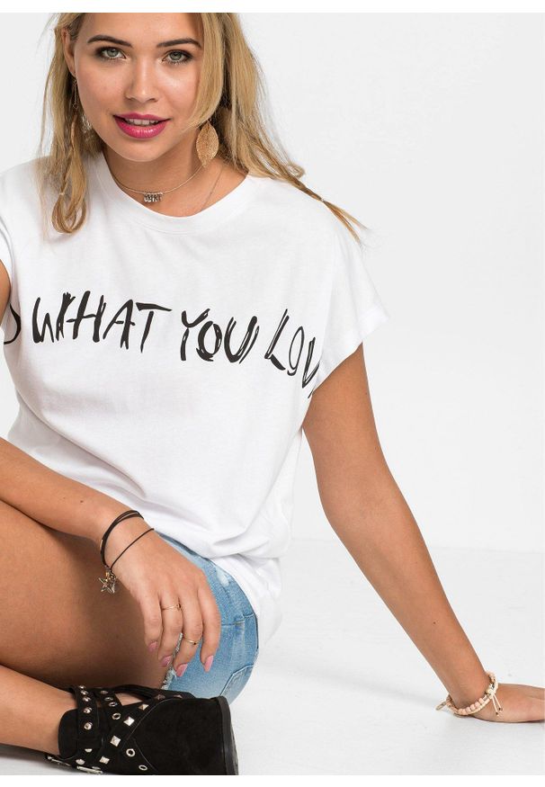 bonprix - T-shirt oversize z czystej bawełny organicznej. Kolor: biały. Materiał: bawełna. Wzór: nadruk