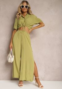 Renee - Zielony Komplet z Bawełny w Stylu Utility Koszula i Szerokie Spodnie Veola. Kolor: zielony. Materiał: bawełna
