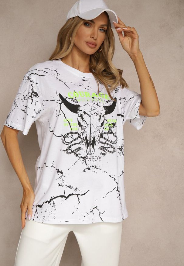 Renee - Biała Bawełniana Koszulka T-shirt z Nadrukiem Lanessae. Okazja: na co dzień, na imprezę. Kolor: biały. Materiał: bawełna. Wzór: nadruk. Styl: klasyczny, elegancki, casual