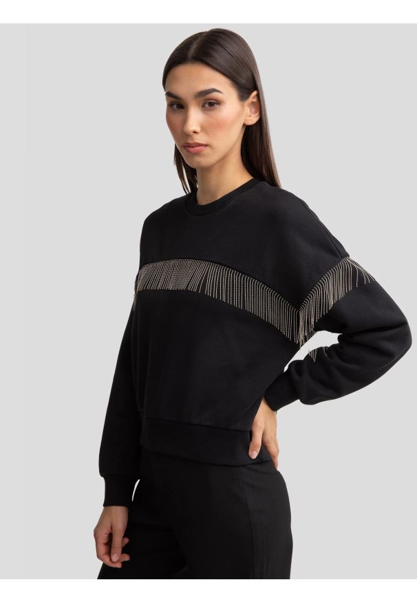 Big-Star - Bluza damska z frędzlami czarna Frola 906. Kolor: czarny. Materiał: bawełna, skóra. Sezon: zima, jesień