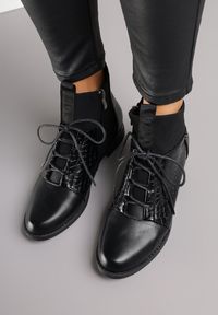 Born2be - Czarne Botki Vices Typu Trzewiki ze Wzorem w Stylu Krokodyla Alerriva. Okazja: na co dzień. Zapięcie: zamek. Kolor: czarny. Materiał: jeans, skóra. Styl: casual, elegancki #5