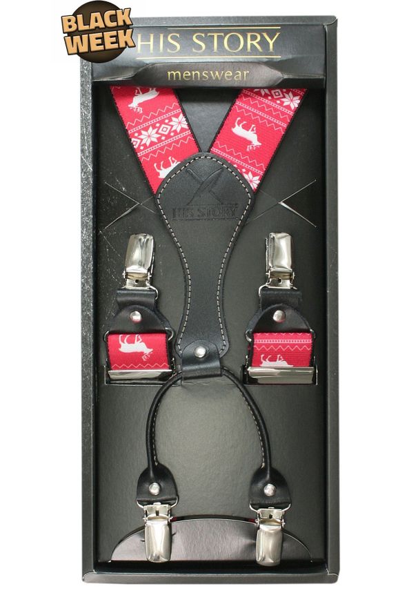 His Story - Świąteczne Szelki - Czerwone we Wzór Norweski - HIS STORY. Kolor: czerwony. Materiał: skóra, guma