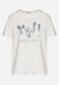 Born2be - Biały T-shirt z Bawełny Ozdobiony Cekinami i Cyrkoniami Camiren. Okazja: na co dzień. Kolor: biały. Materiał: bawełna. Wzór: aplikacja. Styl: casual, elegancki #4