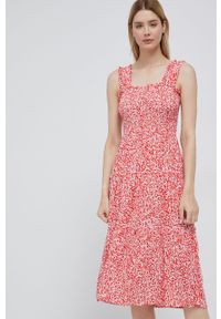 Vero Moda sukienka kolor czerwony midi rozkloszowana. Kolor: czerwony. Materiał: tkanina, materiał, wiskoza. Długość rękawa: na ramiączkach. Typ sukienki: rozkloszowane. Długość: midi #5