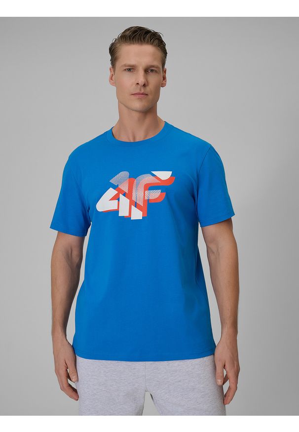 4f - 4F T-shirt regular z nadrukiem męski - niebieski XL. Okazja: na co dzień. Kolor: niebieski. Materiał: bawełna, materiał. Wzór: nadruk. Styl: casual