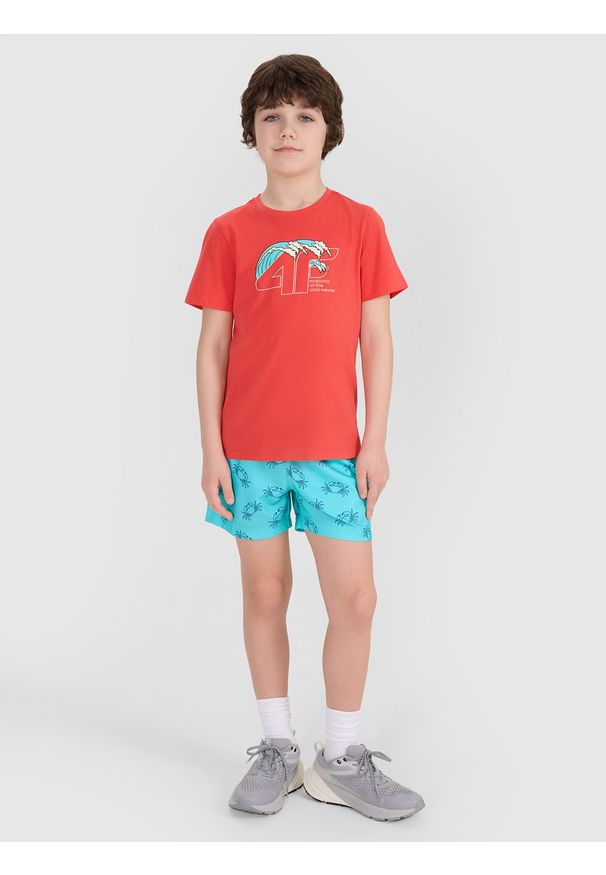 4f - 4F T-shirt regular z nadrukiem chłopięcy - czerwony 122 (6-7 lat). Okazja: na co dzień. Kolor: czerwony. Materiał: jersey, bawełna, materiał. Długość rękawa: krótki rękaw. Długość: krótkie. Wzór: nadruk. Sezon: lato. Styl: sportowy, klasyczny, casual