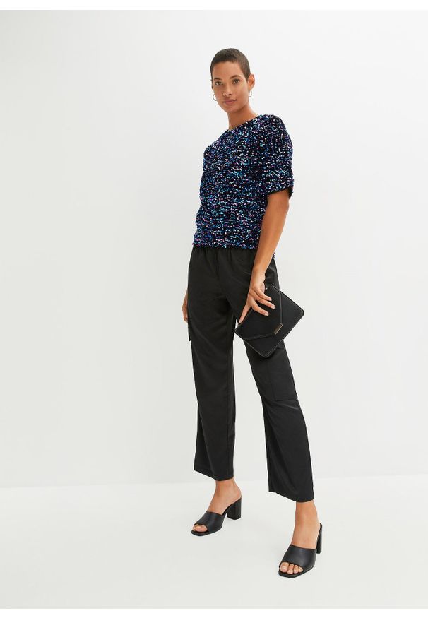 bonprix - Bluzka z cekinami. Kolor: czarny. Wzór: kolorowy