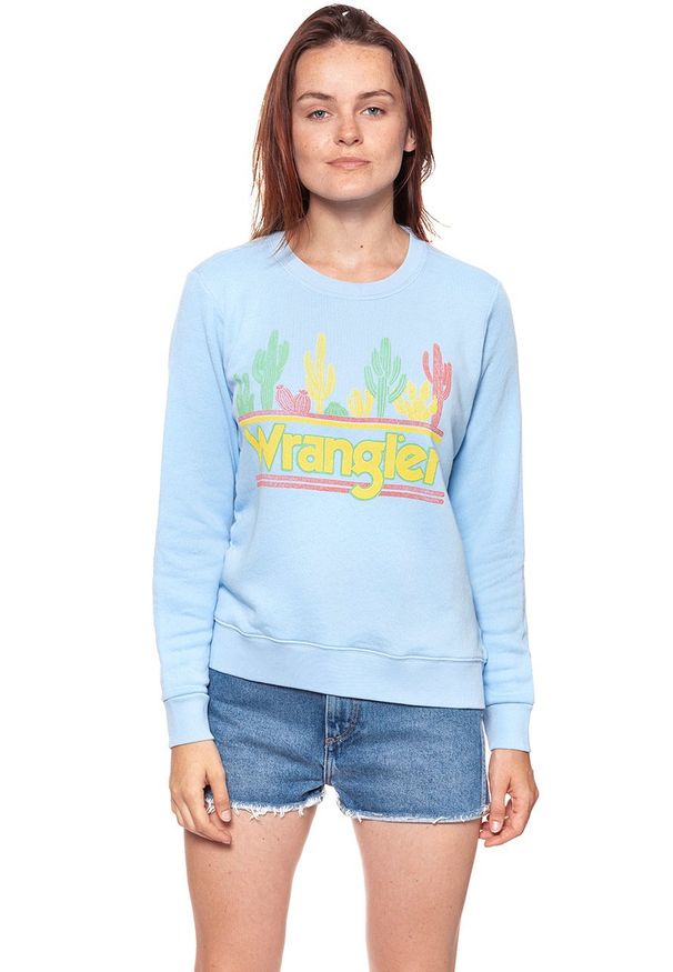 Wrangler - BLUZA WRANGLER DAMSKA SWEATER CERULEAN W6077IEVT. Kolor: niebieski. Wzór: kolorowy, nadruk