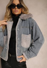 Renee - Niebieska Kurtka Jeansowa z Odpinanym Futrzanym Kołnierzem i Kieszonkami Ansilette. Okazja: do pracy, na co dzień. Kolor: niebieski. Materiał: jeans, futro. Styl: elegancki, casual, klasyczny