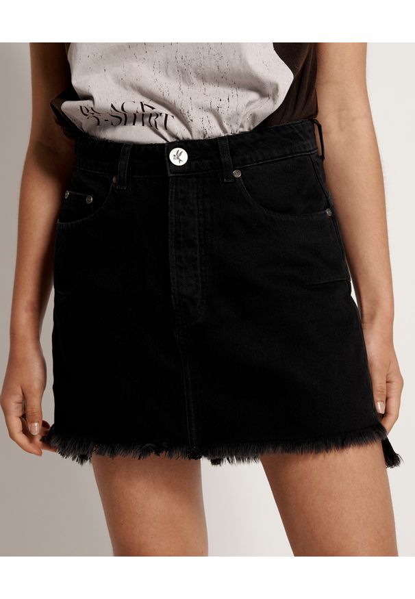 ONETEASPOON - Czarna spódnica Vanguard. Kolor: czarny. Materiał: jeans, bawełna. Wzór: aplikacja. Styl: rockowy