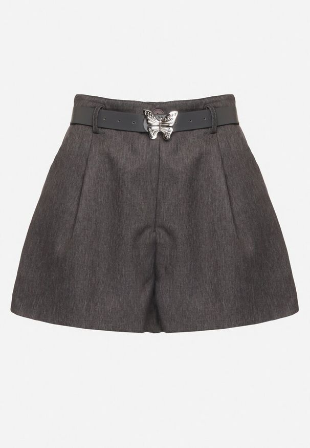 Born2be - Szare Szorty z Wysokim Stanem z Paskiem i Klamrą w Kształcie Motyla Veritana. Okazja: na co dzień. Stan: podwyższony. Kolor: szary. Styl: elegancki, casual