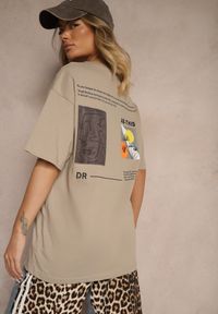 Renee - Beżowa T-shirt Koszulka Bawełniana z Nadrukiem Berriana. Okazja: na co dzień. Kolor: beżowy. Materiał: bawełna. Wzór: nadruk. Styl: casual