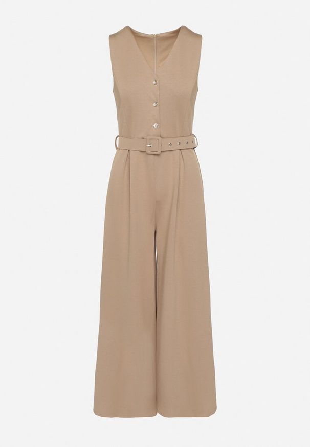 Born2be - Ciemnobeżowy Taliowany Kombinezon z Wiskozą Ozdobiony Paskiem Ralinelle. Okazja: na imprezę. Kolor: beżowy. Materiał: wiskoza. Wzór: aplikacja. Styl: klasyczny, elegancki