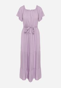 Born2be - Fioletowa Sukienka z Wiskozy Telephanassa. Typ kołnierza: dekolt hiszpanka. Kolor: fioletowy. Materiał: wiskoza. Długość rękawa: krótki rękaw. Wzór: gładki. Typ sukienki: rozkloszowane. Długość: maxi #3