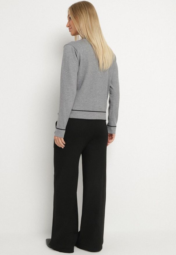 Born2be - Szary Dzianinowy Komplet Szerokie Spodnie i Kardigan z Lamówkami Gioresa. Kolor: szary. Materiał: dzianina. Wzór: gładki