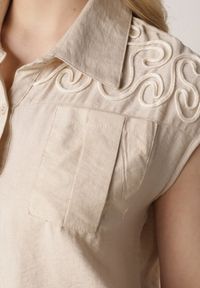 Born2be - Beżowa Wiskozowa Koszula Boho Bez Rękawów ze Ściągaczem w Pasie Limopise. Okazja: na co dzień. Kolor: beżowy. Materiał: wiskoza. Długość rękawa: bez rękawów. Wzór: aplikacja. Sezon: lato. Styl: boho #8