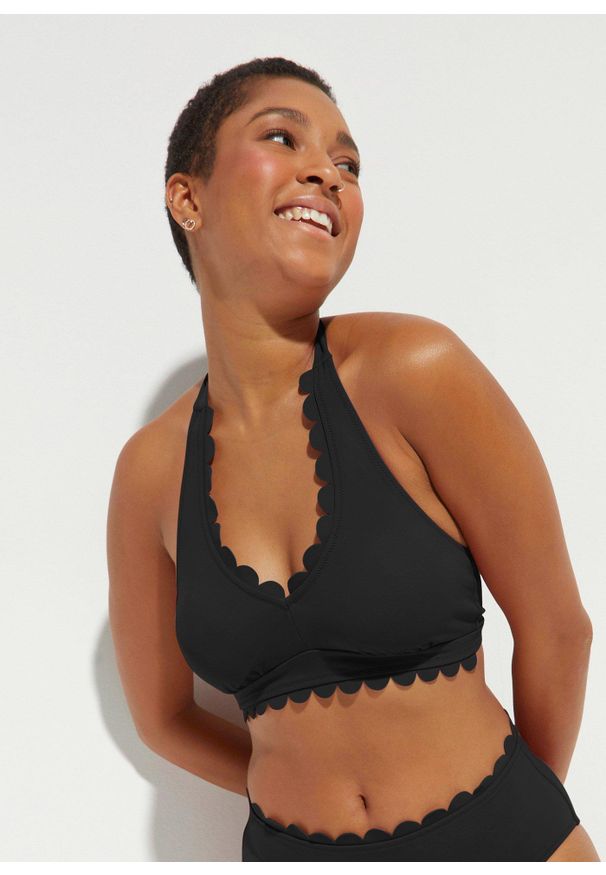 bonprix - Bikini z ramiączkami łączonymi na szyi (2 części). Kolor: czarny. Materiał: materiał