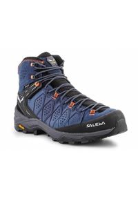Buty trekkingowe męskie Salewa MS Alp Trainer 2 Mid Gtx. Wysokość cholewki: za kostkę. Zapięcie: sznurówki. Kolor: wielokolorowy, niebieski, czarny. Materiał: zamsz, materiał, skóra, syntetyk. Szerokość cholewki: normalna