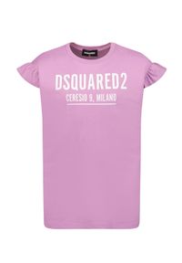 DSQUARED2 KIDS - Różowy t-shirt z falbankami 4-16 lat. Typ kołnierza: kołnierz z falbankami. Kolor: wielokolorowy, fioletowy, różowy. Materiał: bawełna. Długość rękawa: krótki rękaw. Wzór: napisy. Sezon: lato. Styl: klasyczny