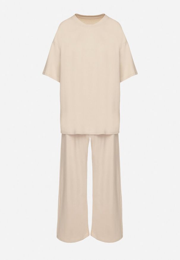 Born2be - Beżowy Bawełniany Komplet Szerokie Spodnie i T-shirt z Rozcięciami Norpio. Kolor: beżowy. Materiał: bawełna