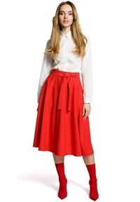 Produkt Polski - Rozkloszowana spódnica midi z kieszeniami i wiązaniem czerwona. Kolor: czerwony. Materiał: materiał, elastan, tkanina. Wzór: gładki #3