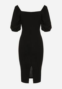 Born2be - Czarna Sukienka Dopasowana z Paskiem i Klamrą w Talii oraz Bufiastymi Rękawami Lurdia. Okazja: na ślub cywilny, na wesele. Kolor: czarny. Wzór: aplikacja. Styl: elegancki #6