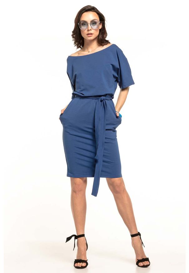 Tessita - Chabrowa Dzianinowa Sukienka z Kimonowym Krótkim Rękawem. Kolor: niebieski. Materiał: dzianina. Długość rękawa: krótki rękaw