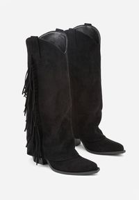 Born2be - Czarne Kozaki Kowbojki na Obcasie z Wywiniętą Cholewką z Frędzlami Monasatia. Okazja: do pracy. Kolor: czarny. Materiał: dzianina, jeans. Szerokość cholewki: normalna. Wzór: aplikacja. Obcas: na obcasie. Styl: klasyczny, elegancki. Wysokość obcasa: średni #3