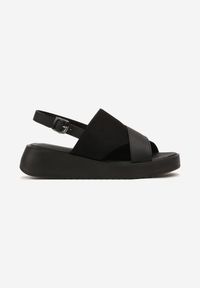 Born2be - Czarne Sandały na Koturnie Vices z Wycięciami Saricee. Okazja: na co dzień. Zapięcie: sprzączka. Kolor: czarny. Materiał: jeans. Sezon: lato. Obcas: na koturnie. Styl: elegancki, casual #4