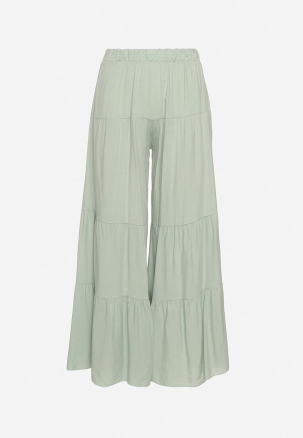 Born2be - Jasnozielone Szerokie Spodnie z Wiskozy z Gumką w Talii Ozdobione Falbanką Dimlea. Okazja: na co dzień. Kolor: zielony. Materiał: wiskoza. Wzór: aplikacja. Styl: casual