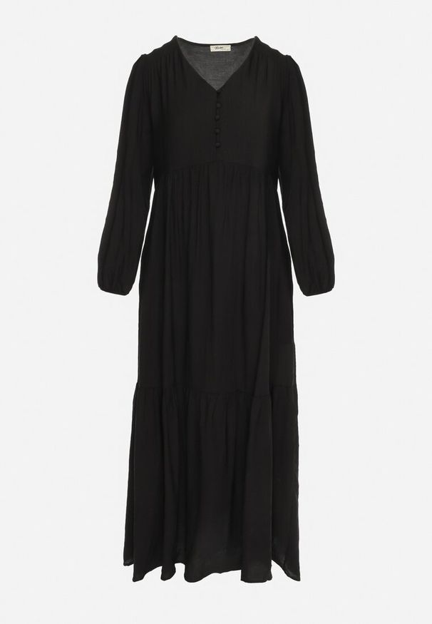 Born2be - Czarna Sukienka Pudełkowa Maxi Ozdobiona Przeszyciami i Guziczkami Kedora. Kolor: czarny. Wzór: aplikacja. Sezon: jesień, wiosna. Długość: maxi