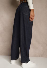 Renee - Niebieskie Szerokie Jeansy z Bawełny High Waist Ozdobione Sznurkiem Landa. Okazja: na co dzień. Stan: podwyższony. Kolor: niebieski. Wzór: aplikacja. Styl: rockowy, casual #4