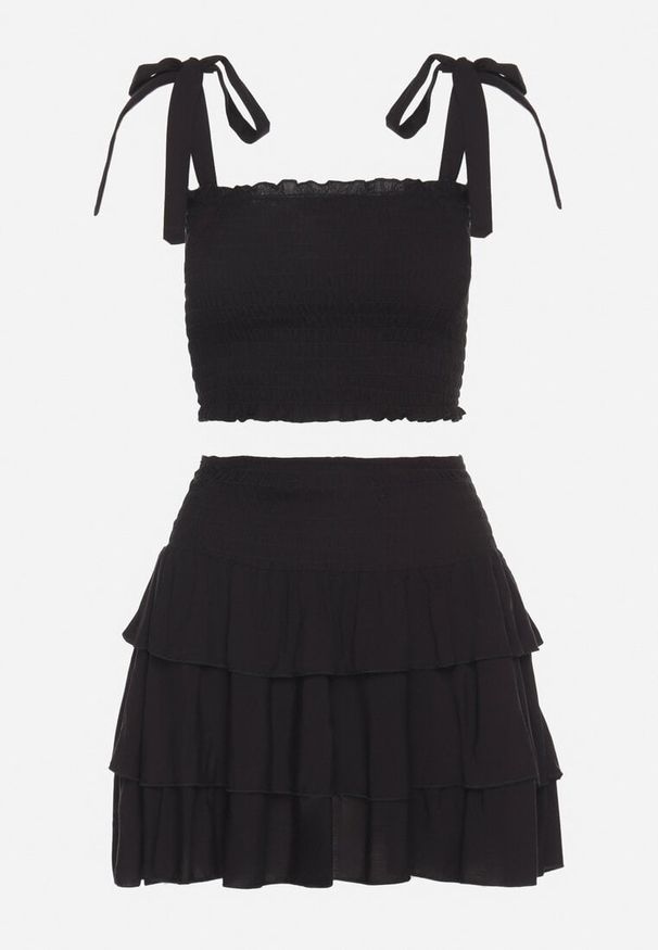 Born2be - Czarny Bawełniany Komplet Top z Kokardami i Spódnica z Falbanami Saralva. Kolor: czarny. Materiał: bawełna