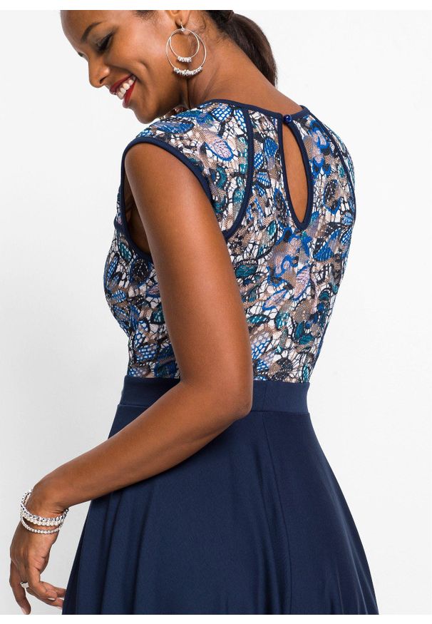 bonprix - Sukienka midi z koronką. Kolor: niebieski. Materiał: koronka. Wzór: koronka. Długość: midi