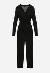 Born2be - Czarny Koktajlowy Kombinezon z Wiskozą Szerokimi Nogawkami i Paskiem w Talii Mianelle. Kolor: czarny. Materiał: wiskoza. Długość rękawa: długi rękaw. Długość: długie. Styl: wizytowy #6
