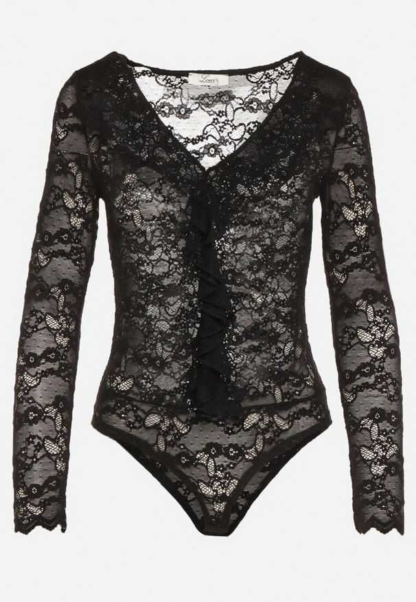 Born2be - Czarne Koronkowe Body z Falbanką Vidane. Okazja: na co dzień. Kolor: czarny. Materiał: koronka. Wzór: aplikacja. Styl: klasyczny, casual, elegancki