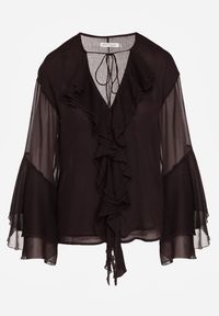 Renee - Brązowa Rustykalna Bluzka Zdobiona Falbankami i Wiązaniem przy Dekolcie Nerianna. Okazja: na co dzień. Typ kołnierza: kołnierz z falbankami. Kolor: brązowy. Materiał: tkanina. Wzór: aplikacja. Styl: casual #5