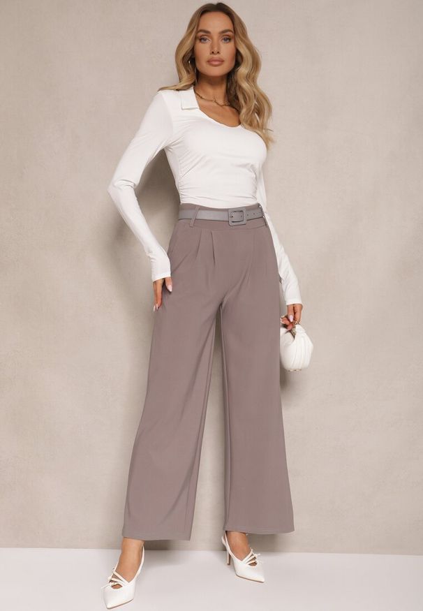 Renee - Szare Garniturowe Spodnie High Waist z Gumką i Dodatkowym Paskiem w Talii Mattine. Stan: podwyższony. Kolor: szary. Materiał: dzianina