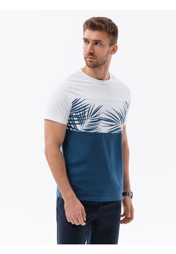 Ombre Clothing - T-shirt meski dwukolorowy z nadrukiem w liście palmy - ciemnoniebieski V1. Kolor: niebieski. Materiał: bawełna, jersey, dzianina. Wzór: nadruk. Sezon: lato. Styl: wakacyjny