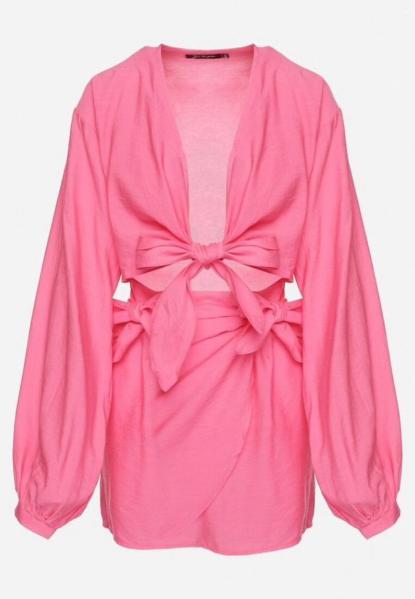 Born2be - Fuksjowy 2-częściowy Komplet z Bluzką i Spódnicą Zdobionych Wiązaniem Elistra. Kolor: różowy. Materiał: jeans. Wzór: aplikacja