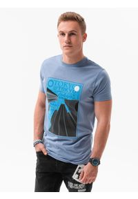 Ombre Clothing - T-shirt męski z nadrukiem S1434 V-5B - niebieski - XXL. Kolor: niebieski. Materiał: bawełna. Wzór: nadruk. Styl: klasyczny