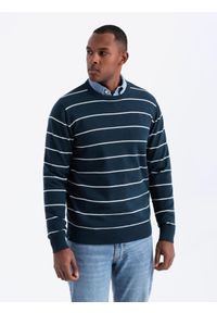Ombre Clothing - Casualowy męski sweter w poziome paski – granatowy V1 - Rozmiar: XXL. Okazja: na co dzień. Kolor: niebieski. Materiał: nylon, włókno, materiał, bawełna. Wzór: paski. Styl: casual