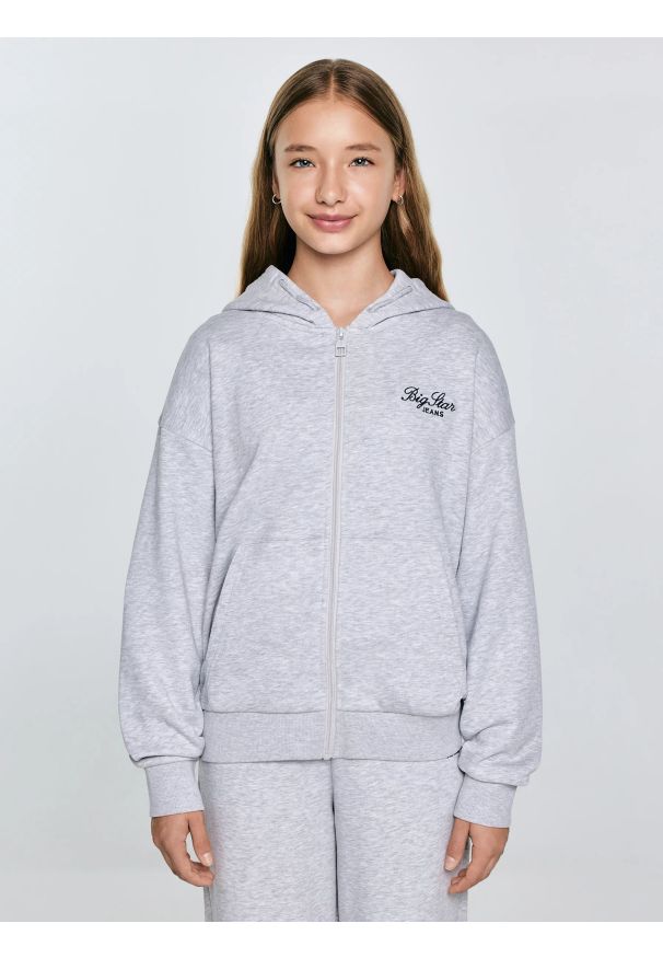 Big-Star - Bluza dziewczęca rozpinana z kapturem szara Milana 901. Okazja: na co dzień. Typ kołnierza: kaptur. Kolor: szary. Materiał: dzianina. Wzór: haft, melanż. Styl: elegancki, casual