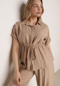 Born2be - Beżowy Wiskozowy Komplet Spodnie i Bluzka Koszulowa z Wiązaniem w Talii Irinryss. Kolor: beżowy. Materiał: wiskoza #7